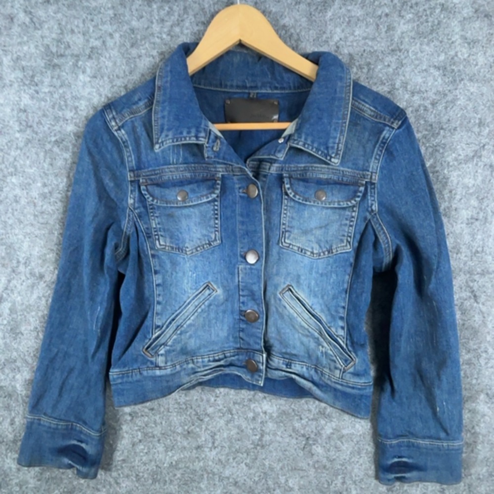 In Wear Trucker Jacket Women 12 Blue Denim Light Distressed Cropped Button Front